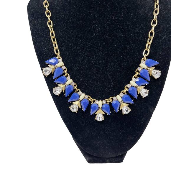 J Crew Blue Rhinestone Bib Statement Necklace Gold Tone Chainlink Gem Stones - Picture 3 of 6